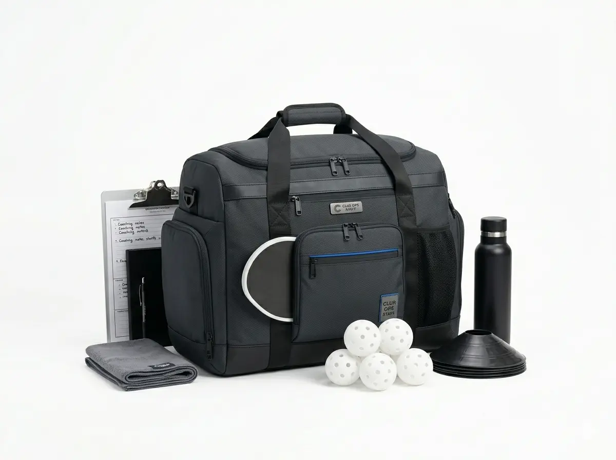 High-capacity pickleball coaching duffel bag for staff and trainers with organized compartments for training cones, coaching notebooks, and multiple balls for heavy-duty daily use