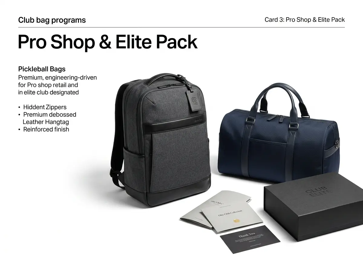 Premium pro shop retail set for pickleball clubs featuring elite technical backpack and weekend duffel with leather hangtags and gift packaging for boutique club gift programs and member loyalty rewards