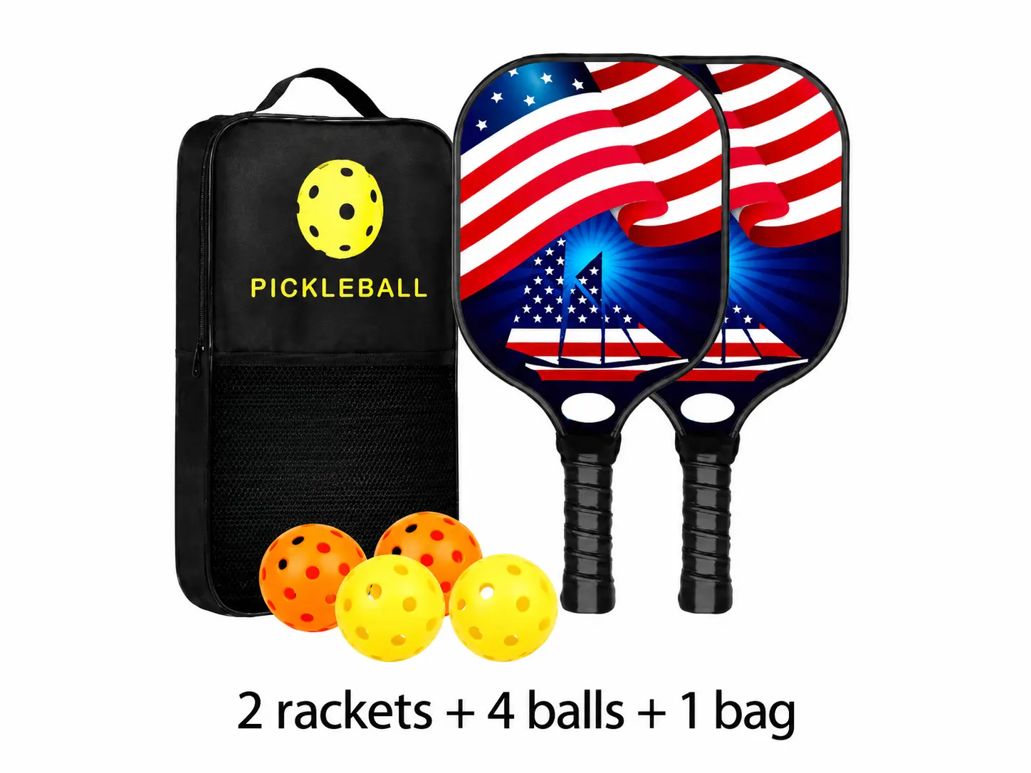 Sample set with 2 rackets, 4 balls, and 1 bag
