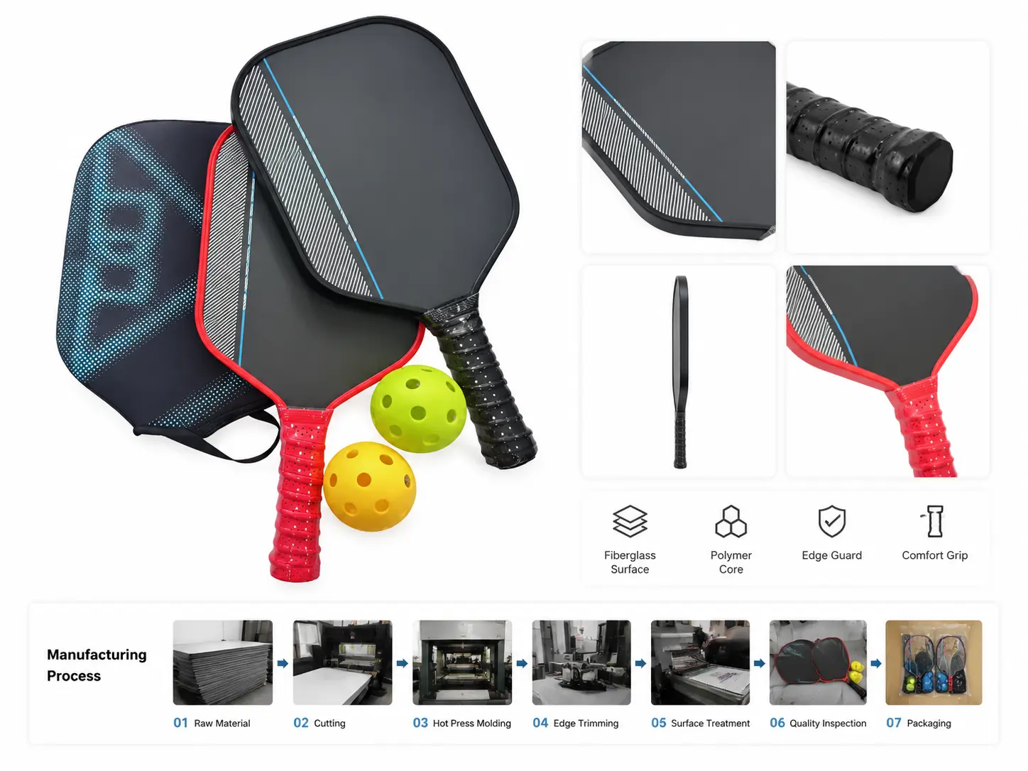 OEM/ODM pickleball paddle with honeycomb core, 16mm and 20mm thickness options, edgeless style, and durable portable design