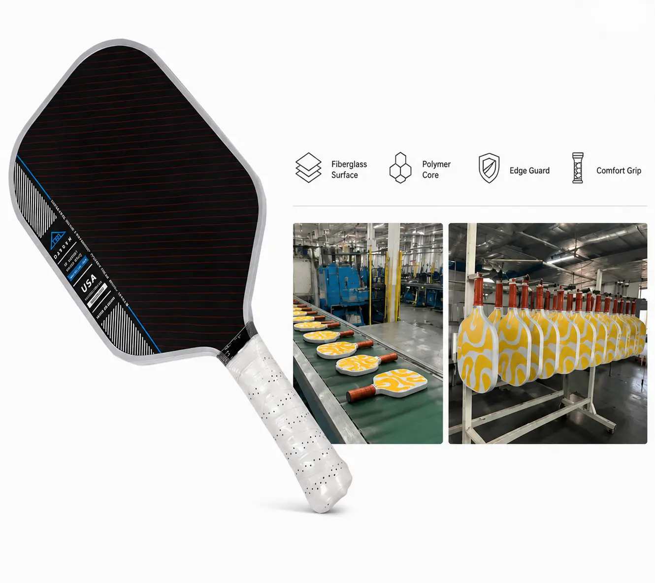 Pickleball paddle model CTCF38 with honeycomb core, thickness options 10.5mm 14mm 16mm 20mm, standard elongated or wide shape, trendy edgeless design, 41.5×19.6cm size, 220±5g weight, anti-slip high quality surface, eco-friendly and durable, including 40-hole outdoor pickleballs and Oxford fabric carry bag, OEM/ODM from Guangdong China