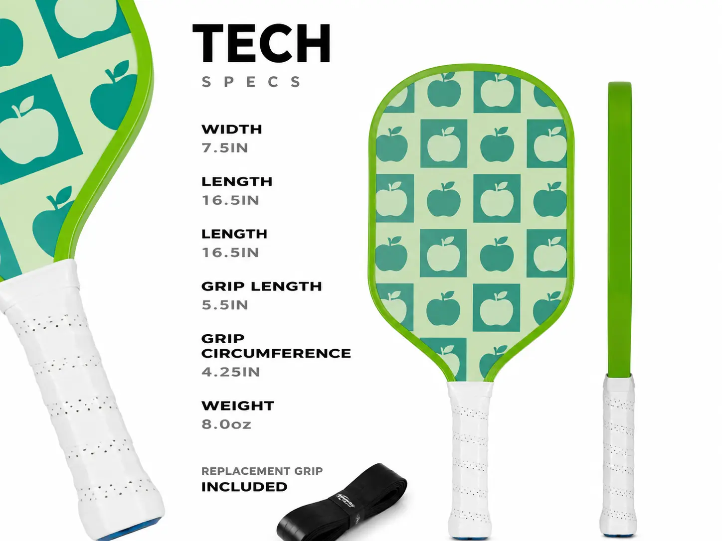 Pickleball paddle with 7.5in width, 16.5in length, and 8.0oz weight