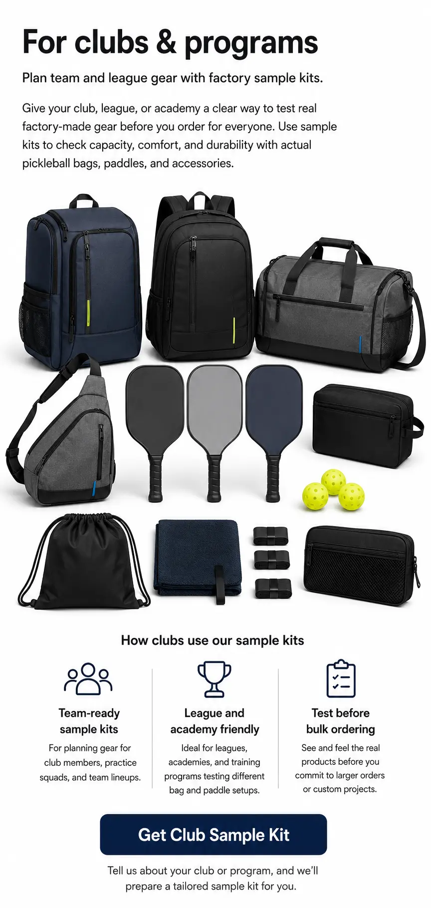 For clubs and programs sample kit – plan team and league pickleball gear with factory-made bags, paddles, and accessories.