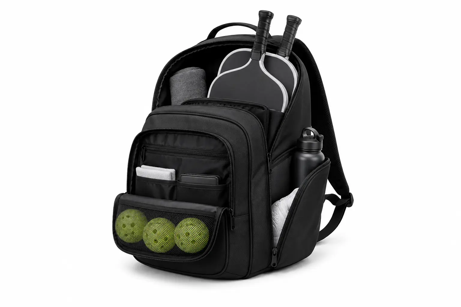 Factory sample pickleball backpack on a pure white background, with smart storage for paddles, balls, and daily gear.