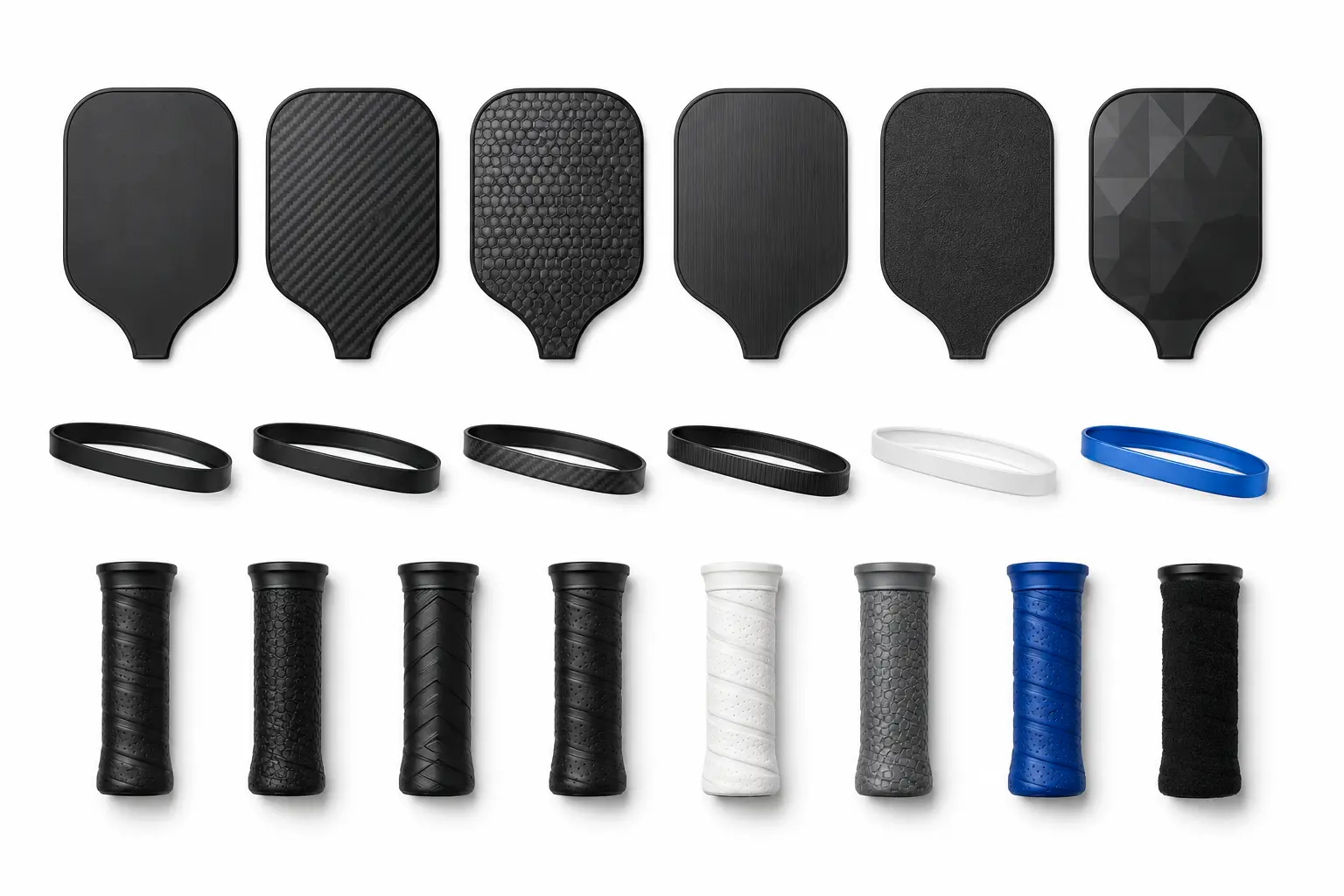 Finish and texture sample set on a pure white background, showing surface, edge, and grip finish options for pickleball paddles