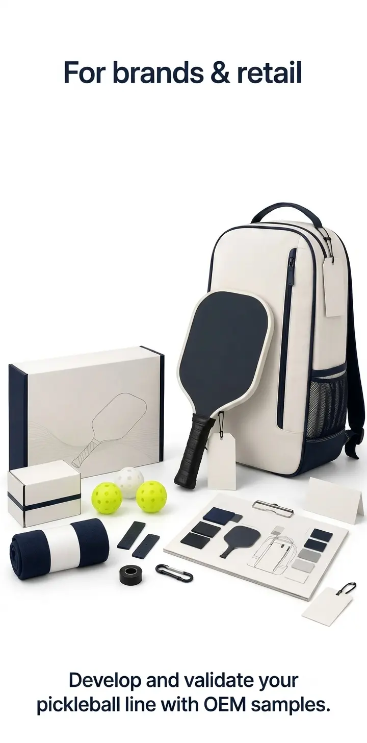 For brands and retail – develop and validate your pickleball product line with factory-made OEM sample kits for bags, paddles, and accessories.