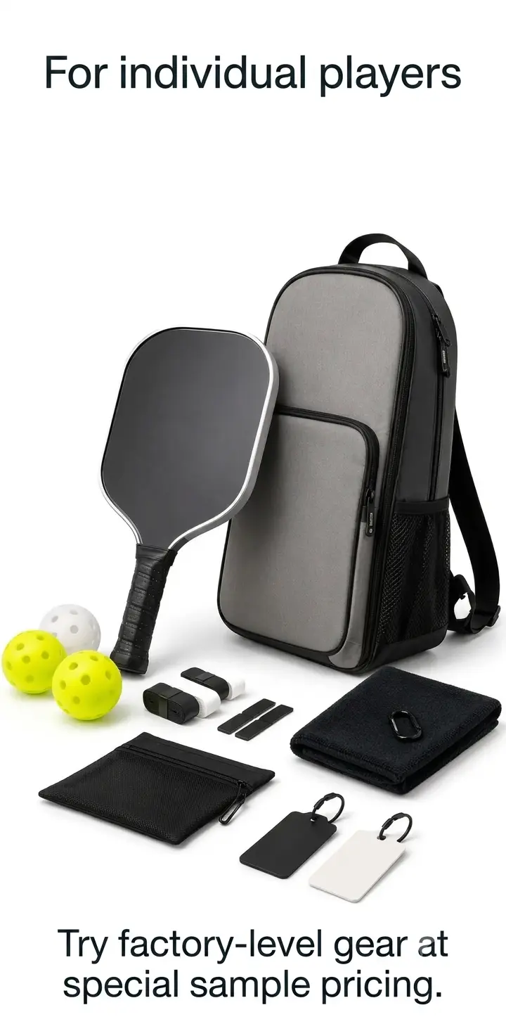 For individual players – try factory-level pickleball gear at special sample pricing with real factory-made bags, paddles, and accessories