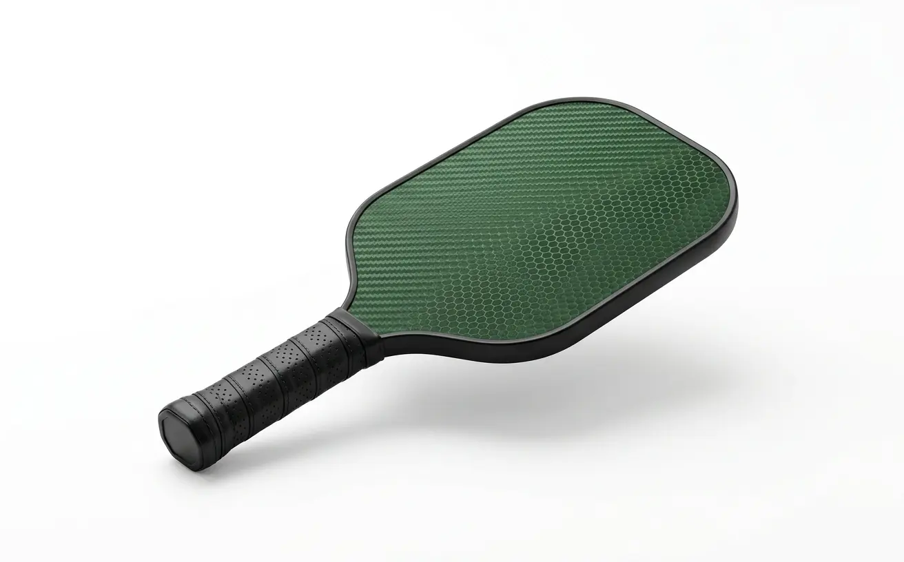 Green pickleball paddle shown at a 75-degree angle on a pure white background.