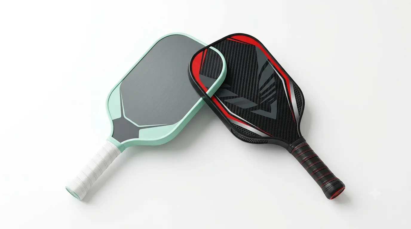 Mixed training paddle pair with one control paddle and one power paddle arranged at a 75-degree angle on a pure white background
