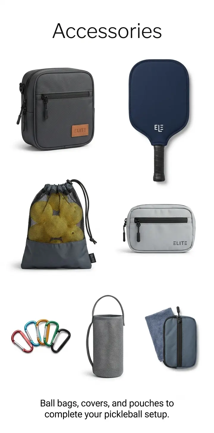 Pickleball accessories including ball bags, covers, and pouches to complete your pickleball setup