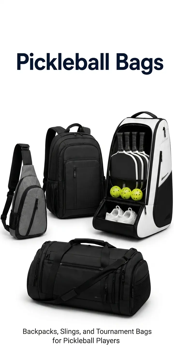 Pickleball bags – backpacks, slings, and tournament bags designed for pickleball players to carry paddles, balls, shoes, and accessories