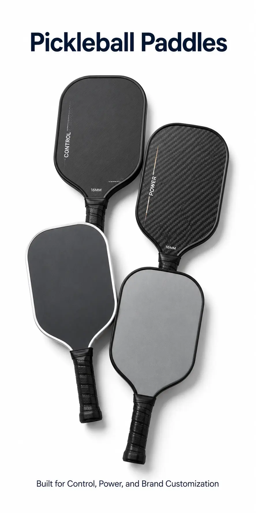 Pickleball paddles product card showing control and power-focused paddles, including blank-face OEM options for brand customization on a white background.